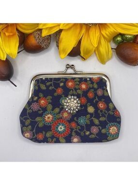 Dark Blue Snap Jewelry Change Purse.  Red flowers & Iridescent snap!